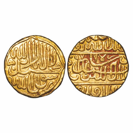 Akbar Token, Gold, 13.80g, Agra, 977 AH, with Kalima on obverse. Extremely Fine, Rare.