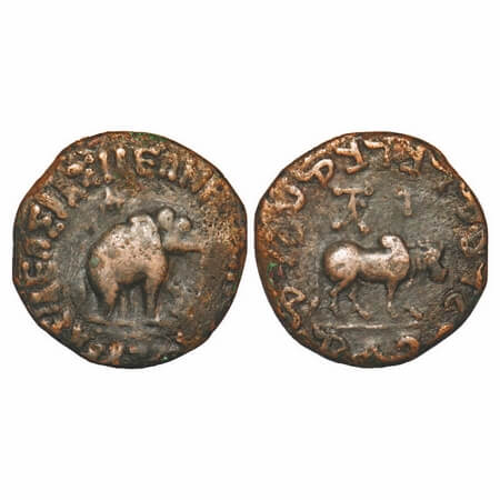 Indo Scythian, Azes II (35-12 BC), Pentachalkon, Copper, 13.13g, 25.51X25.08mm, Obv: Eleph