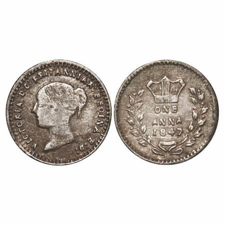 Coin Token (Great Britain), Silver 1 Anna Token, 0.72g, 1847, Victoria Queen portriat on o