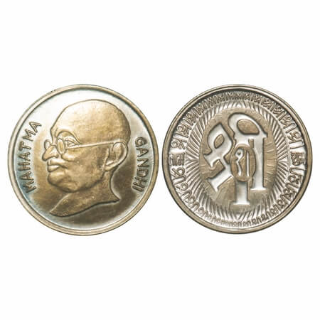 Mahatma Gandhi Token, Cu-Nic, 9.64g, Obv: bust of Mahatma Gandhi. Rev: Ornamented Shri Sav