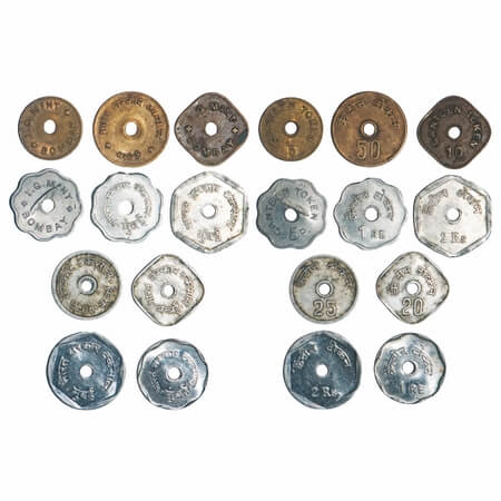 Canteen Token, Mix Metals (10 Pcs), 5 Paise (2), 10 Paise (1), 20 Paise (1), 25 Paise (1),