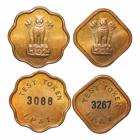 Indian Post & Telegraph Tokens, Brass (2 pcs), Different shapes, Obv: Ashoka Sthumbh, Rev: