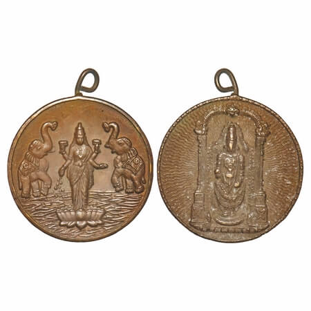 Lakhsmi & Balaji Token/Pendant, Copper (filled with Wax/Lakh), 18.50g, Obv: Portrait of Lo