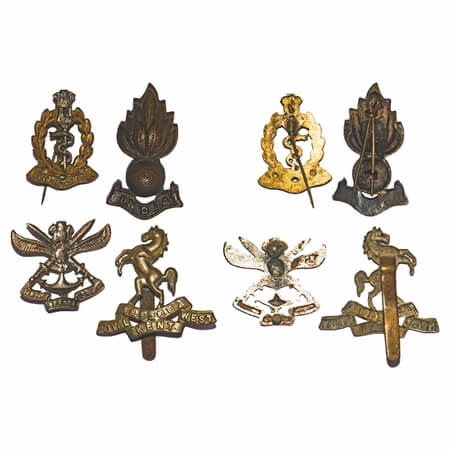 Miscelleneous Badges, Mix Metals, (4 pcs), Army Medical Corps, Service before self, Royal 