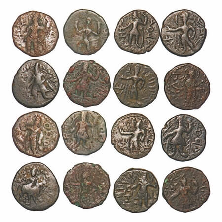 Kushanas, Wima Kadphises and Kanishka I, Copper ¼ Drachma (8 coins), Obv: King standing fa