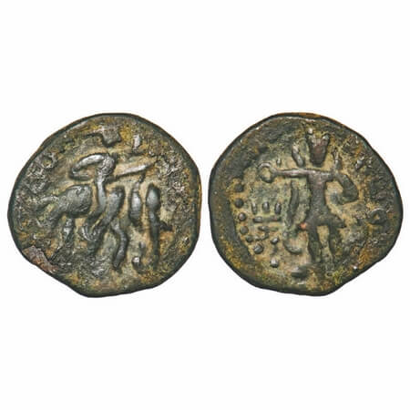 Kushans, Huvishka, Copper Drachma, 7.72g, 23.90X25.81mm, Obv: King mounted on elephant wal