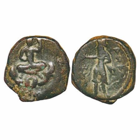 Kushanas, Huvishka, Copper Drachma, 14.86g, 24.31X24.96mm, Obv: King seated on mountain wi