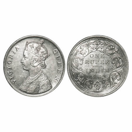 Victoria Queen, Silver, Rupee, 1862, Bombay Mint, B/II/2/0, Inclined 1. F. Prid 71. GK 287
