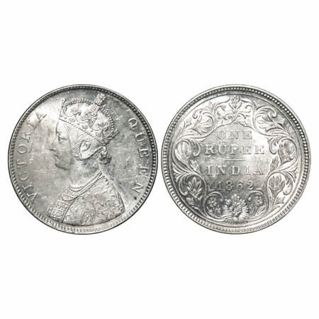 Victoria Queen, Silver, Rupee, 1862, Bombay Mint, B/II/2/0, Ghost on Rev, Inclined 1. F. P