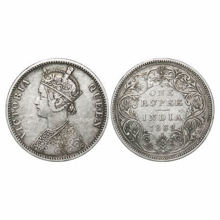 Victoria Queen, Silver, Rupee, 1862, Bombay Mint, A/II/0/4, With initial 'J', Inclined 1, 