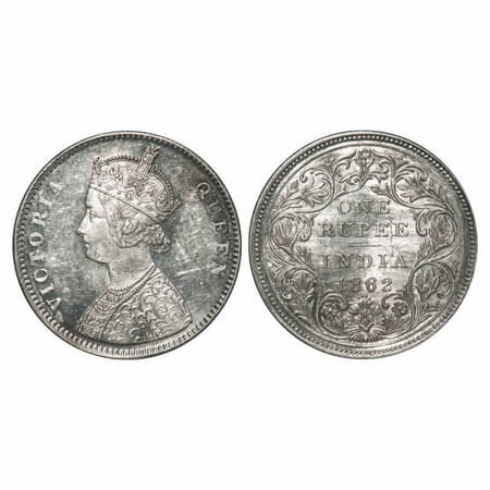 Victoria Queen, Silver, Rupee, 1862, Bombay Mint, A/II/0/4, w/o initial 'J', Inclined 1, M