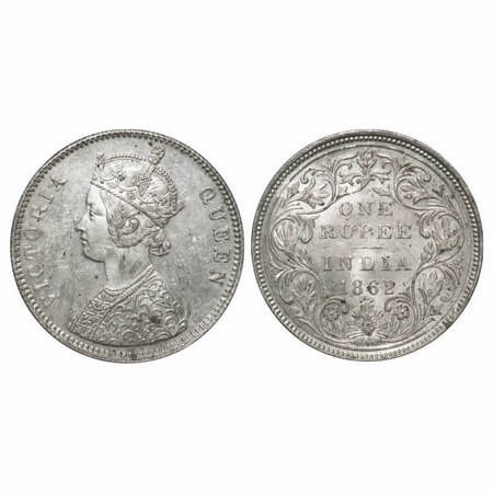Victoria Queen, Silver, Rupee, 1862, Bombay Mint, A/II/0/4, w/o initial 'J', Inclined 1. F
