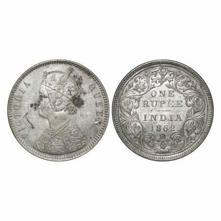 Victoria Queen, Silver, Rupee, 1862, Bombay Mint, A/II/0/4, w/o initial 'J', Mechanical di