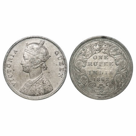 Victoria Queen, Silver, Rupee, 1862, Bombay Mint, A/II/0/4, w/o initial'J', Inclined 1, 4 