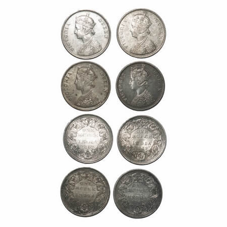 Victoria Queen, Silver, Rupee, 1862, (4 coins), Bombay Mint, Inclined 1, 1) A/II/0/4, w/o