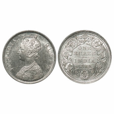 Victoria Queen, Silver, Rupee, 1862, Bombay Mint, B/II/0/4, Inclined 1, 4 dots placed are 