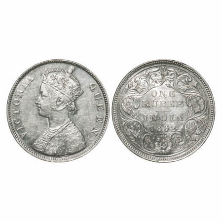 Victoria Queen, Silver, Rupee, 1862, Bombay Mint, B/II/0/4, Inclined 1, 4 dots arranged ar