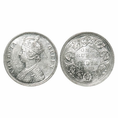 Victoria Queen, Silver, Rupee, 1862, Bombay Mint, A/II/0/5, w/o initial 'J', Inclined 1, C