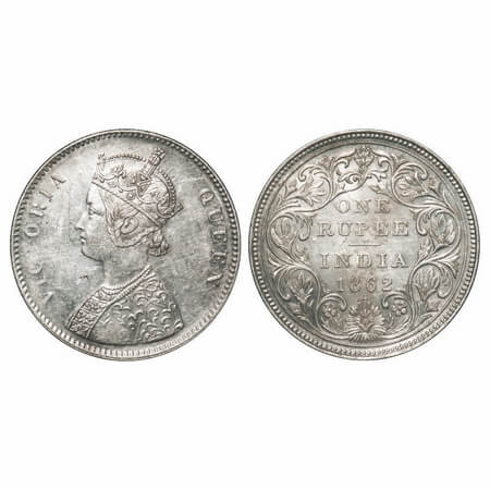 Victoria Queen, Silver, Rupee, 1862, Bombay Mint, A/II/0/5, w/o initial 'J', Inclined 1, W
