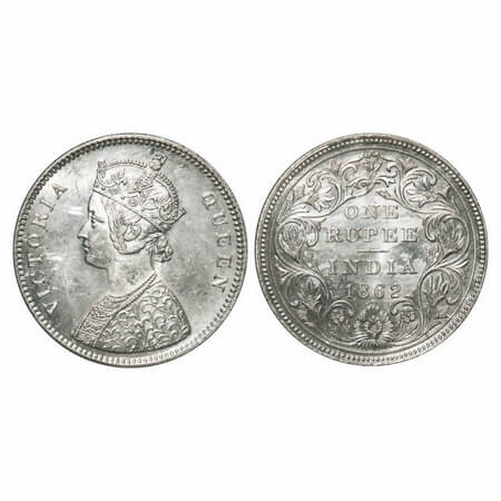 Victoria Queen, Silver, Rupee, 1862, Bombay Mint, A/II/0/6, w/o initial 'J', Inclined 1, C