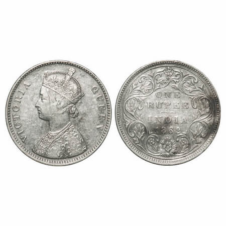 Victoria Queen, Silver, Rupee, 1862, Bombay Mint, A/II/0/10, w/o initial 'J', Inclined 1. 