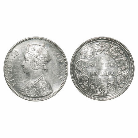 Victoria Queen, Silver, Rupee, 1862, Bombay Mint, A/II/0/10, w/o initial 'J', Inclined 1, 