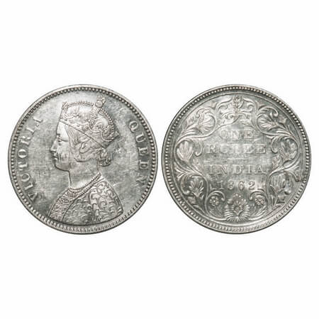Victoria Queen, Silver, Rupee, 1862, Bombay Mint, A/II/0/10, w/o initial 'J', Inclined 1, 