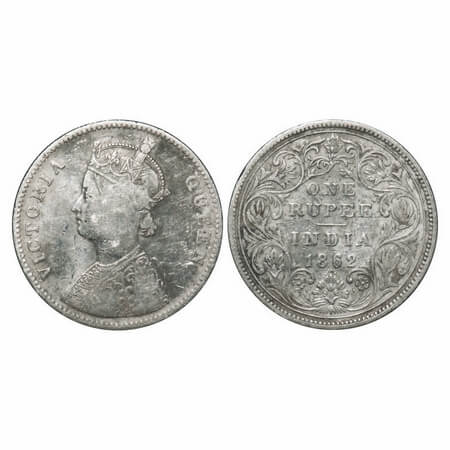 Victoria Queen, Silver, Rupee, 1862, Bombay Mint, A/II/0/11, w/o initial 'J', Inclined 1, 