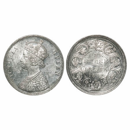 Victoria Queen, Silver, Rupee, 1862, Bombay Mint, A/II/1/1, w/o initial 'J', Inclined 1. F