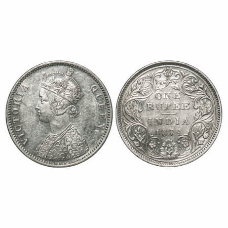 Victoria Queen, Silver, Rupee, 1874, Bombay Mint, A2/II, No dot, Die crack on Obv, Incline
