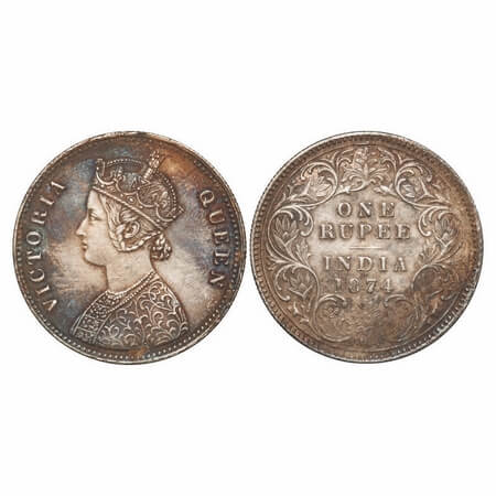 Victoria Queen, Silver, Rupee, 1874, Calcutta Mint, A1/I, No mint mark, Flat 1. F. Prid 11