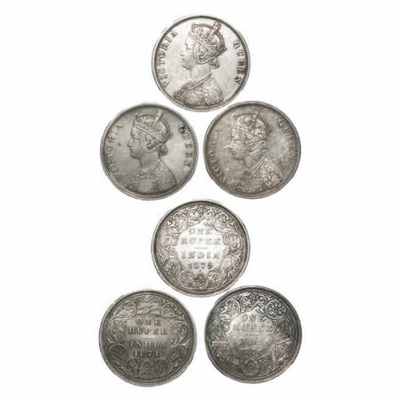 Victoria Queen, Silver, Rupee, (3 coins), 1) 1874, Calcutta Mint, A1/I, No mint mark, Flat