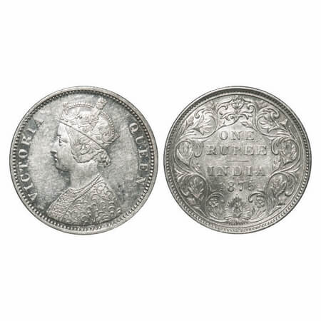 Victoria Queen, Silver, Rupee, 1875, Bombay Mint, A2/II, Dot, Top stroke of numeral 5 long