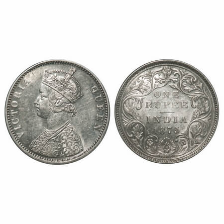 Victoria Queen, Silver, Rupee, 1875, Bombay Mint, A2/II, Dot, top stroke of numeral 5 long