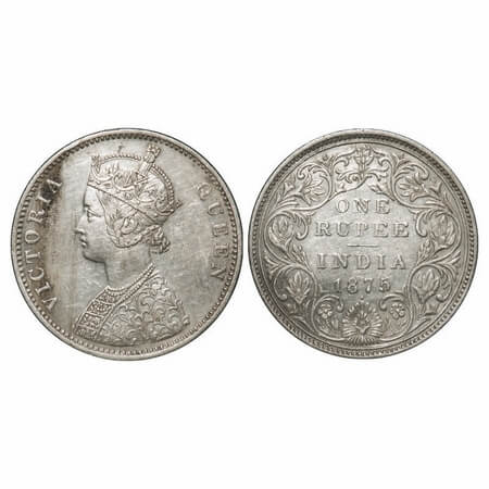Victoria Queen, Silver, Rupee, 1875, Bombay Mint, A2/II, Dot, Top stroke of numeral 5 long