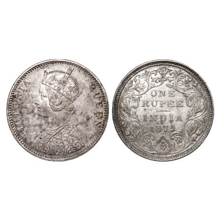Victoria Queen, Silver, Rupee, 1875, Bombay Mint, A2/II, Dot, Raised line at complete bott
