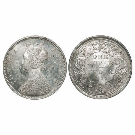 Victoria Empress, Silver, Rupee, 1877, Bombay Mint, A2/II, Dot, Inclined 1. F. Prid 149. G