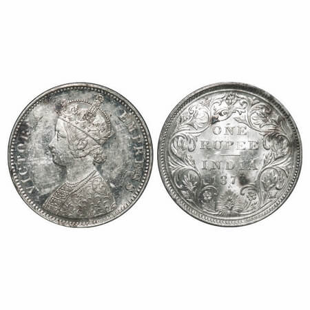 Victoria Empress, Silver, Rupee, 1877, Bombay Mint, A2/II, Dot, Inclined 1. F. Prid 149. G