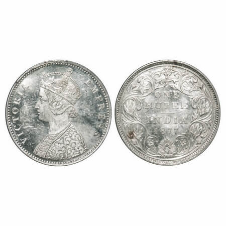 Victoria Empress, Silver, Rupee, 1877, Bombay Mint, A2/II, Dot, Inclined 1. F. Prid 149. G