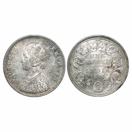 Victoria Empress, Silver, Rupee, 1877, Bombay Mint, A2/II, Dot, Inclined 1. F. Prid 149. G