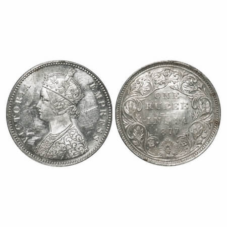 Victoria Empress, Silver, Rupee, 1877, Bombay Mint, A3/II, Dot, Inclined 1. F. Prid Unlist