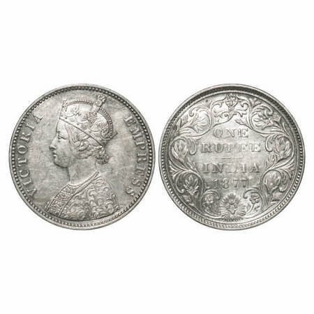 Victoria Empress, Silver, Rupee, 1877, Bombay Mint, A3/II, Dot, Inclined 1. F. Prid Unlist