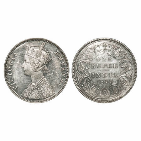 Victoria Empress, Silver, Rupee, 1877, Bombay Mint, A3/II(i), Dot, Inclined 1, 2nd numeral
