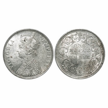 Victoria Empress, Silver, Rupee, 1877, Bombay Mint, A3/II(i), Dot, Inclined 1. F. Prid Unl