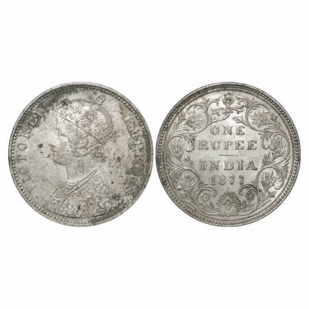 Victoria Empress, Silver, Rupee, 1877, Bombay Mint, A3/II(i), Dot, Inclined 1. F. Prid Unl