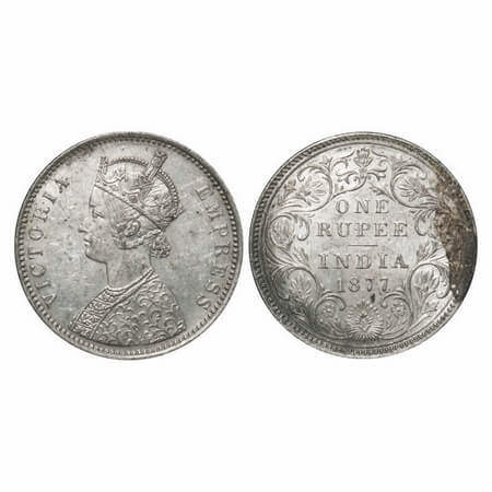 Victoria Empress, Silver, Rupee, 1877, Bombay Mint, A3/II(i), Dot, Inclined 1. F. Prid Unl