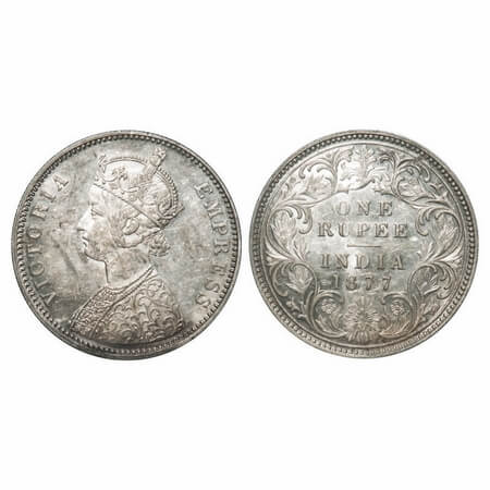 Victoria Empress, Silver, Rupee, 1877, Bombay Mint, A3/I, Dot, Flat 1. F. Prid 150. GK 444