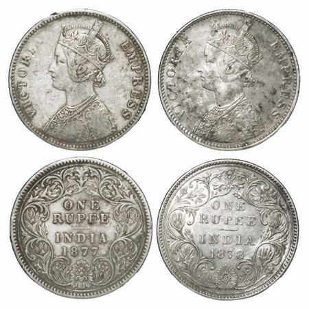 Victoria Empress, Silver, Rupee, (2 coins), 1) 1877, Calcutta Mint, A1/I, No mint mark, Fl