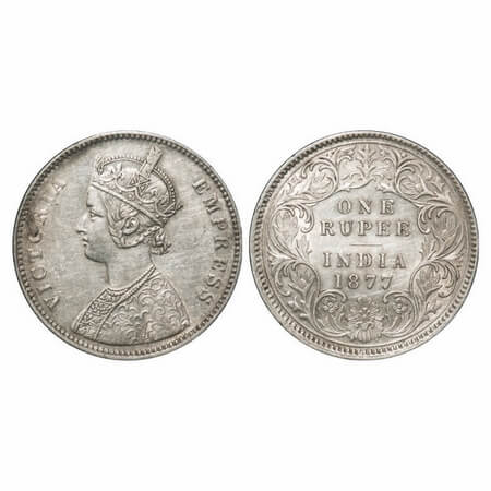 Victoria Empress, Silver, Rupee, 1877, Calcutta Mint, A1/I, No mint mark, Flat 1. F. Prid 