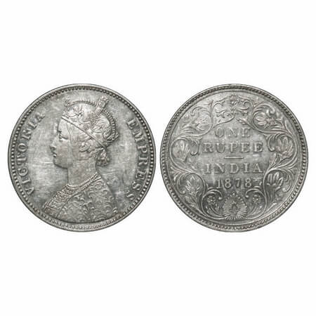 Victoria Empress, Silver, Rupee, 1878, Bombay Mint, A3/II(i), Dot, Inclined 1. F. Prid 151